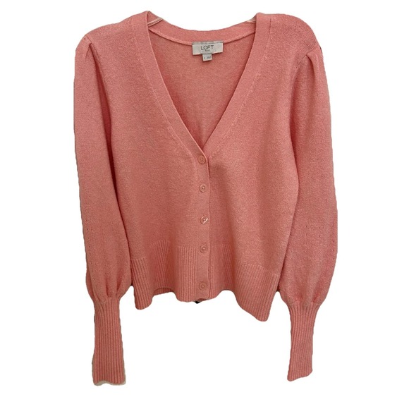 LOFT Sweaters - Y2K LOFT  Balloon Sleeve V-Neck Cardigan Pink Cottage Sz S Fairy Whimsy College‎